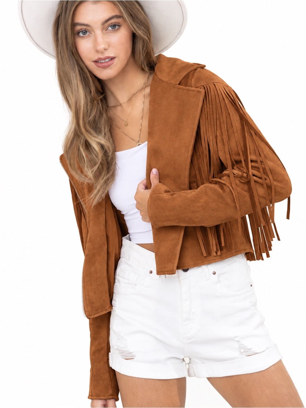 NEW blue b Caramel Brown Fringe Faux Suede Moto Jacket